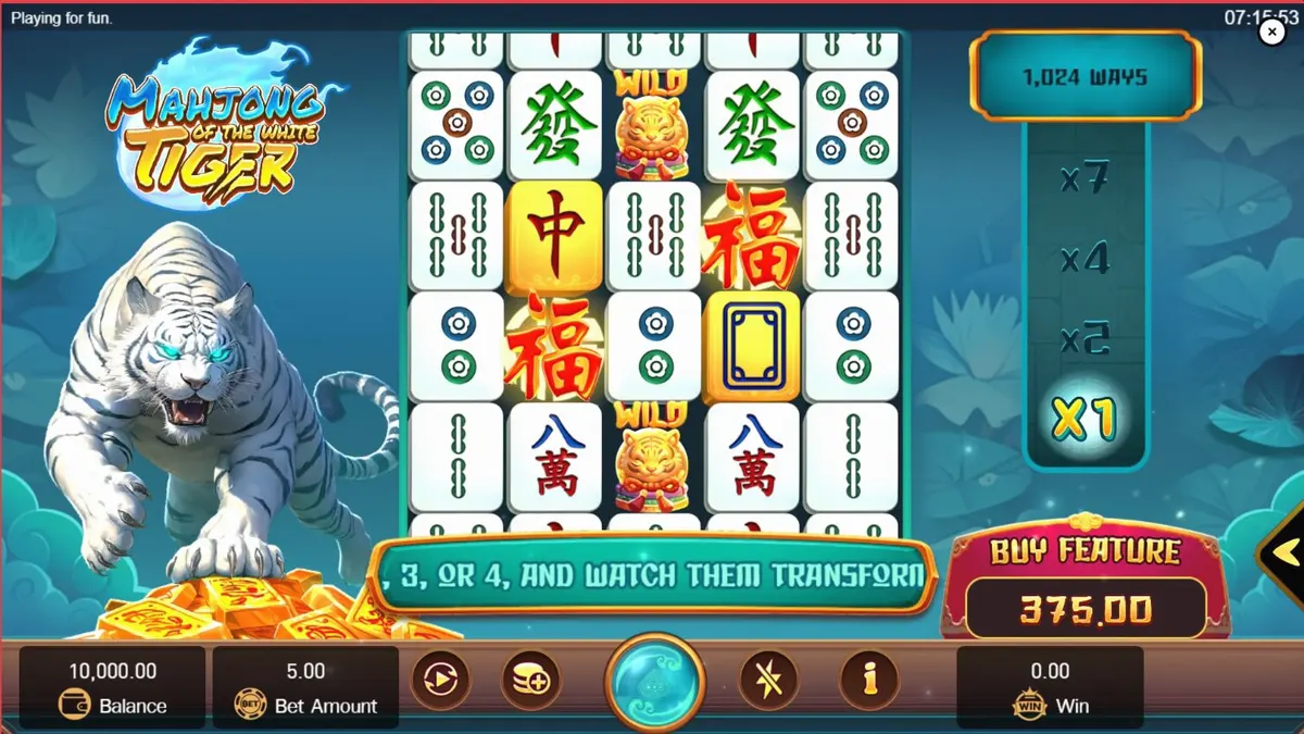 Interface do jogo Mahjong of the White Tiger com peças de Mahjong e o guardião tigre branco