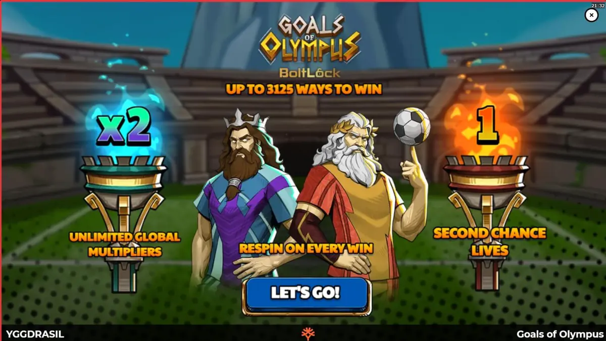 Interface do slot Goals of Olympus BoltLock com Zeus e elementos de futebol